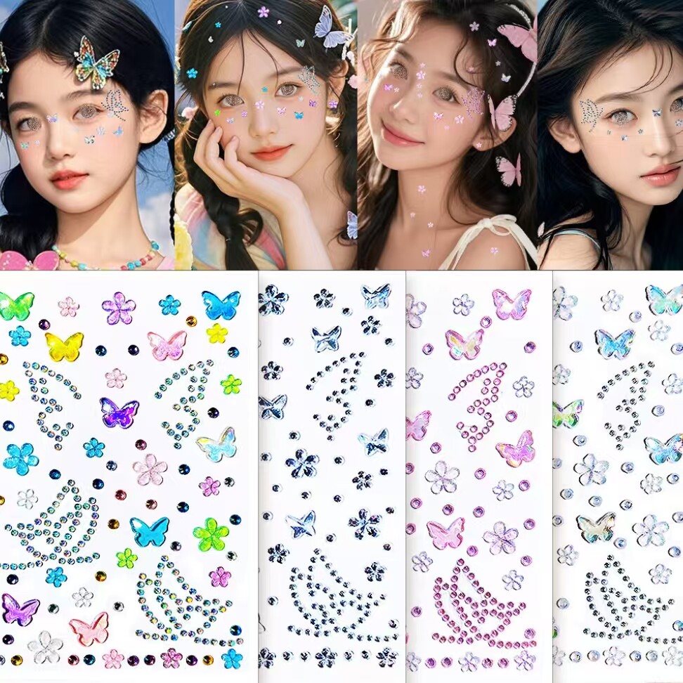 Beauty Gems Makeup - 1pc 3D スパークリングバタフライラインストーンフェイスステッカー樹脂五花びらの花ダイヤモンドネイルデカール DIY メイクアップバタフライクリスタル