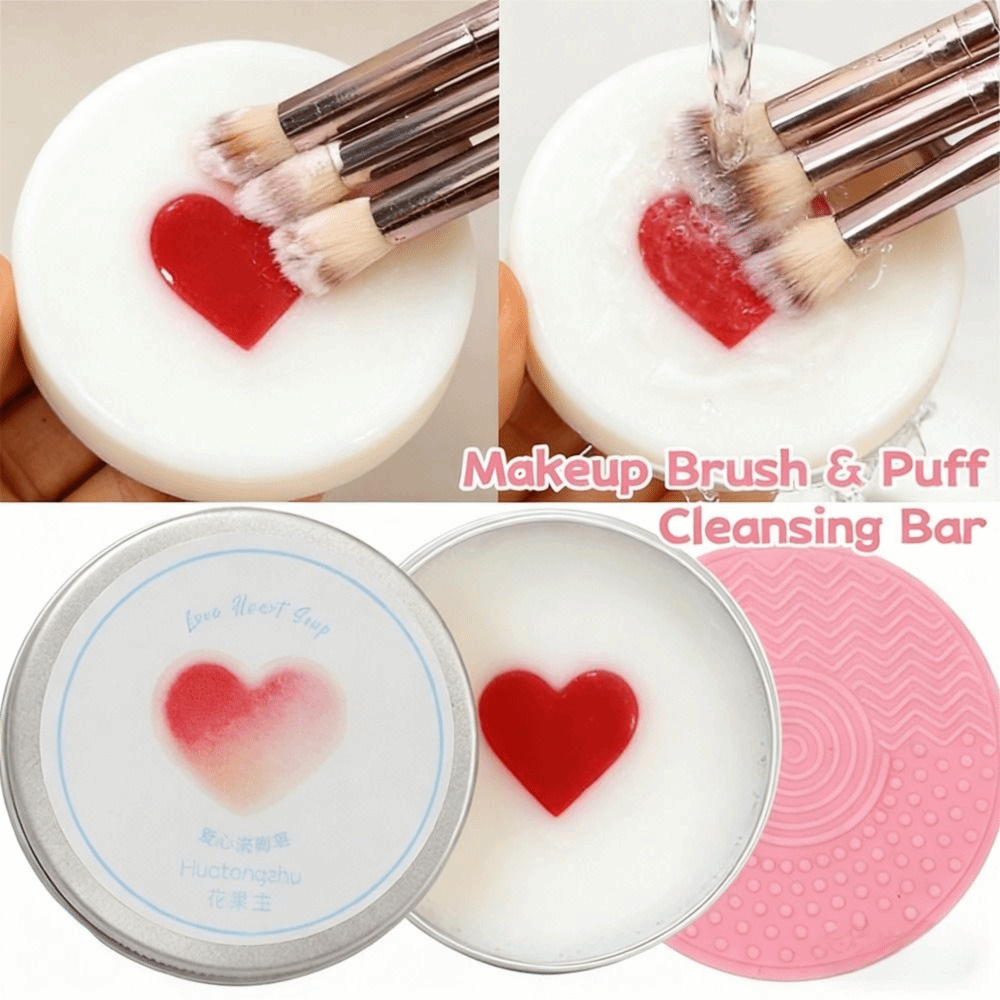 Cosmetic Sponge - ディープクリーンメイクブラシクリーナーソープ シリコンマット付き ハート型化粧スポンジクリーナー 速乾性 再利用可能 ビューティーツールウォッシャー