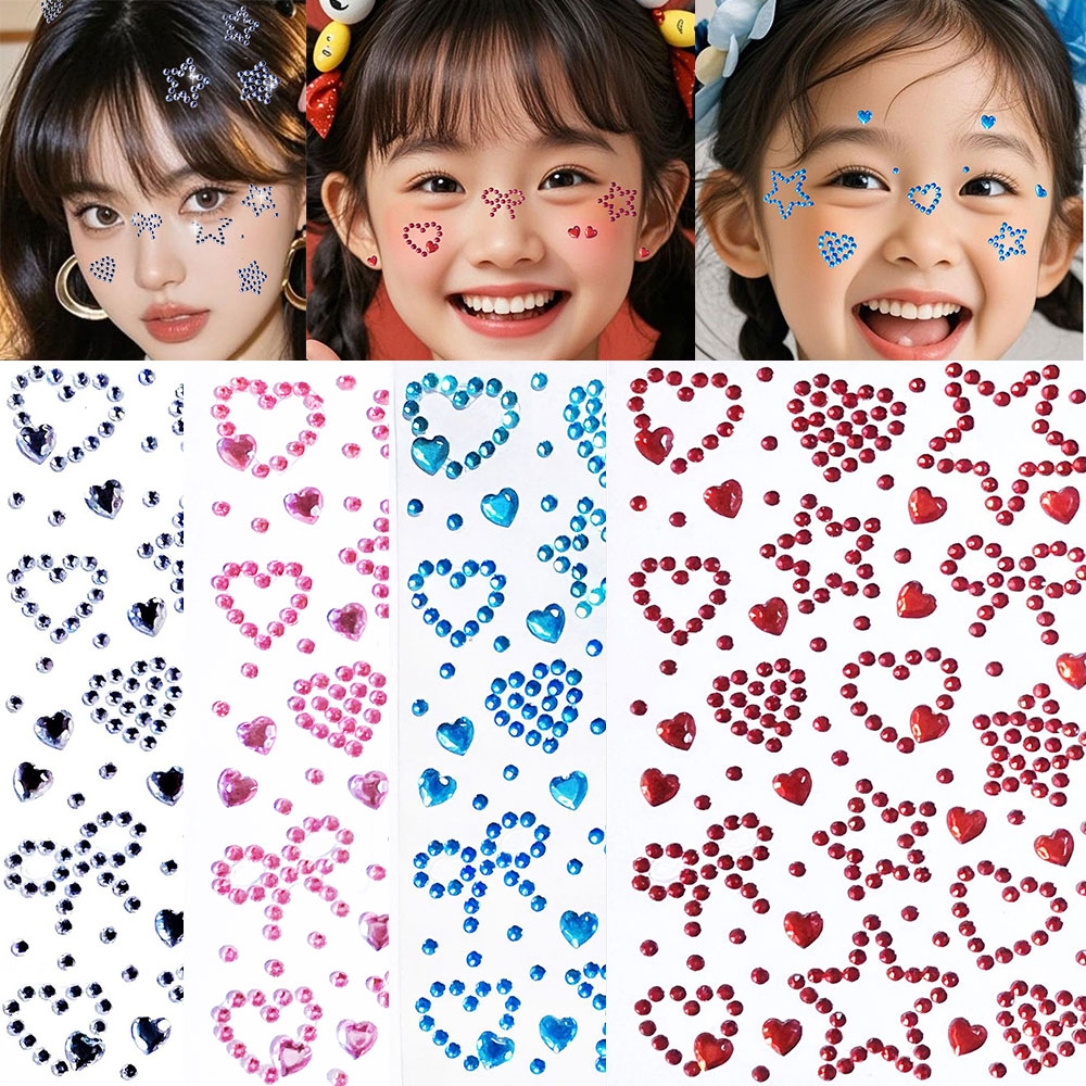 Beauty Gems Makeup - 1 個ハート & スターボウ形状フェイスラインストーンステッカーカラフルなクリスタル一時的なタトゥーステッカー顔ボディジュエル DIY メイクアップ装飾