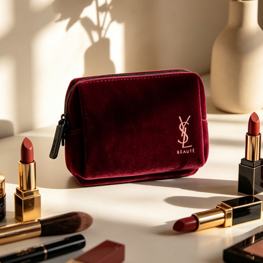 Ysl Beauty Makeup Bag - YSLのバッグ ワインレッドベルベット ミニポータブルスクエアコスメティックバッグ ヴィンテージジッパー収納ポーチ 口紅、キー、カード用 エレガントなホリダ