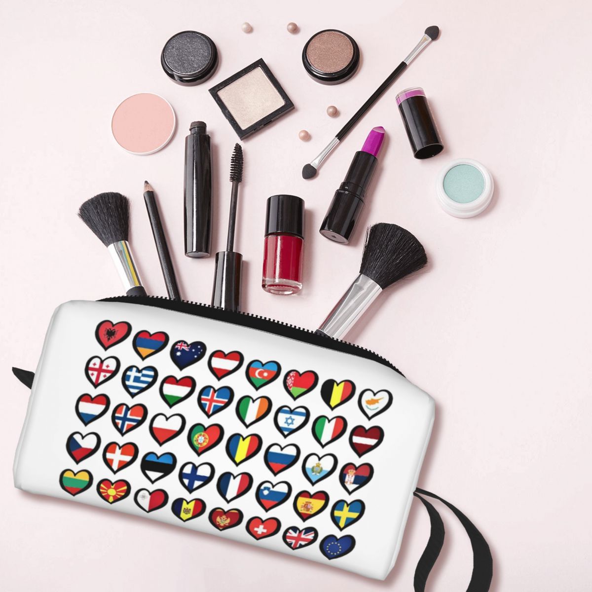 Beauty Makeup Songs - ユーロビジョンソングコンテストフラッグハートESC EBUユーロファンズメイクアップバッグ化粧品オーガナイザー収納ドップキット美容旅行用ペンシルケース